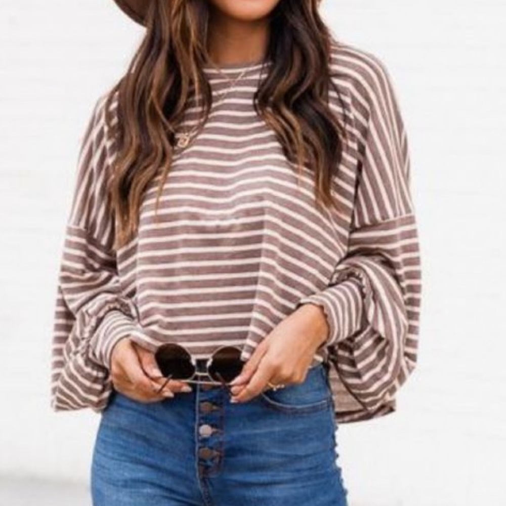 Pink Lily Sunday Stroll Brown Striped Long Sleeve Blouse